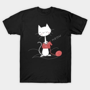 White Knitting Cat - Black T-Shirt